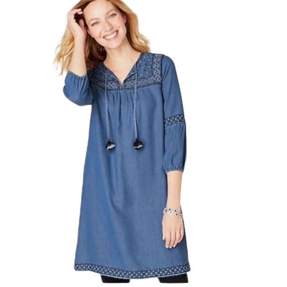 J Jill Denim Embroidered Boho Dress Size S Tassel Chambray Aztec Tencel - Picture 6 of 13